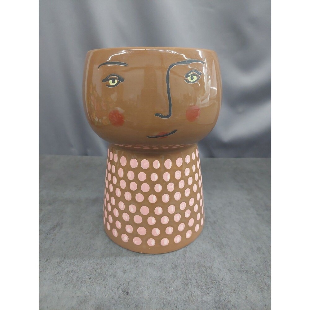 EUC Opalhouse Stoneware Anthropomorphic Face Planter 8" Brown Polka Dot Boho